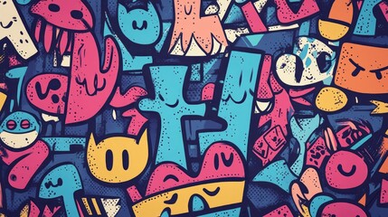 Obraz premium Playful colorful graffiti showcases various whimsical cartoon characters together