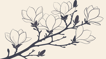 Elegant Magnolia Flowers Branch Botanical Line Art Floral Illustration