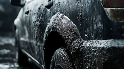 Close-up of the wheel of a car stuck in the mud