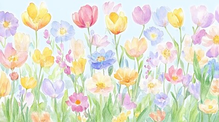 Obraz premium Watercolor meadow blooms of yellow pink blue purple bathed in light
