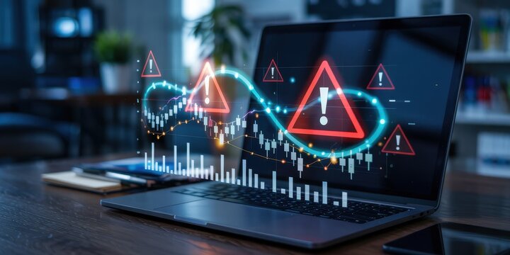 Financial market warnings displayed on laptop screen.