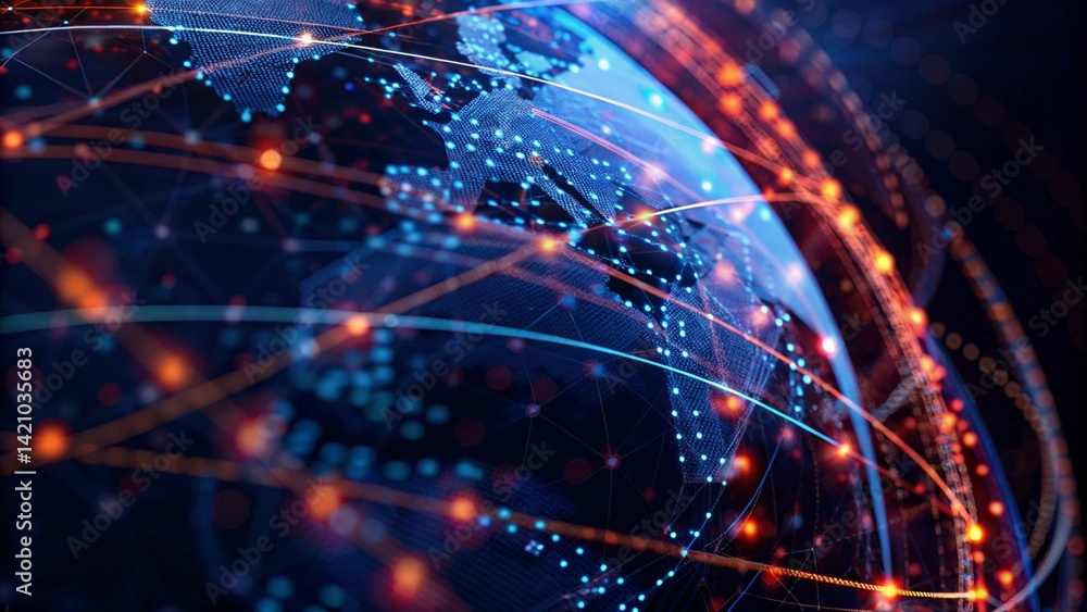 Poster abstract depiction of high speed global data transmission technology, showcasing futuristic connecti