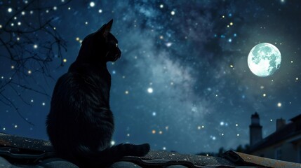 A black cat sitting on a moonlit rooftop gazing at the starry sky
