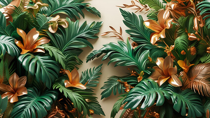  A rich, detailed pattern of tropical leaves, ferns, and florals in lush green and gold tones. Works well for interior design, nature themes, or eco-luxury products.