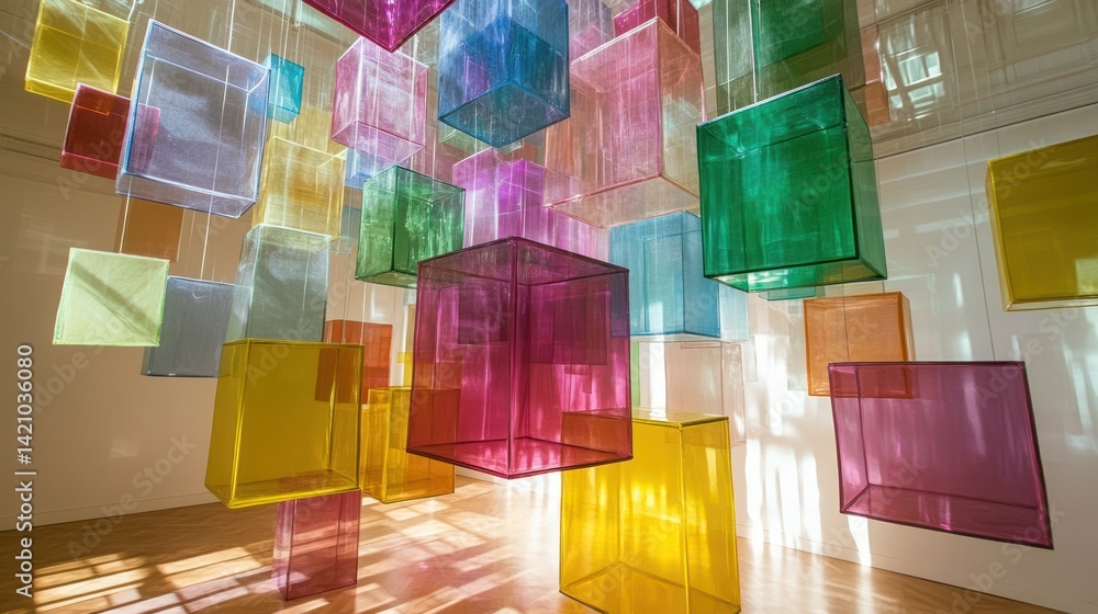 Poster chromatic cubes installation: an array of translucent color and light interplay