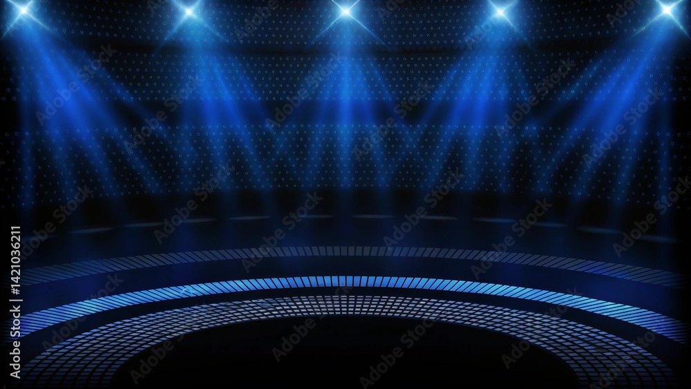 Poster abstract futuristic background of empty stage arena stadium spotlgiht stage background, glowing ligh