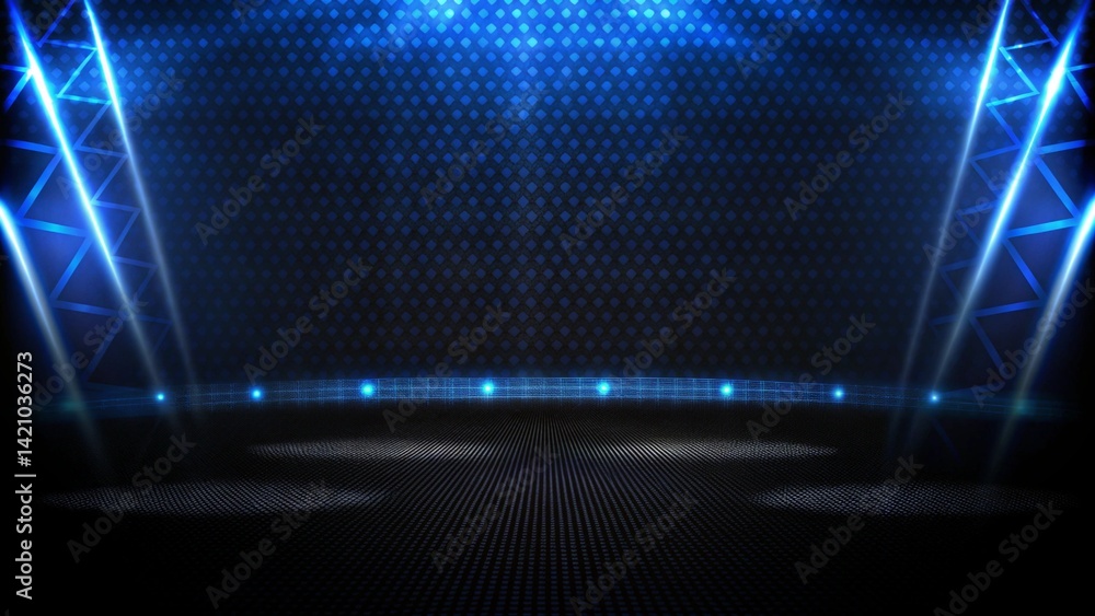 Poster Abstract futuristic background of empty stage arena stadium spotlgiht stage background, glowing lights digital space sci fi scene performance platform illumination beam event concert