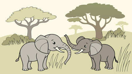 Naklejka premium Playful Cartoon Elephants in African Safari Landscape