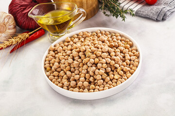 Dry chickpea seeds heap in the bowl