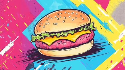 Illustrated burger features cheese lettuce and sesame seed bun
