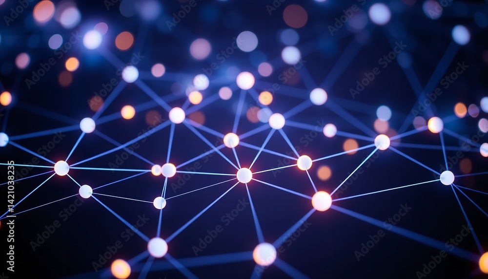 Poster abstract network connection digital art glowing nodes lines technology background blue orange web