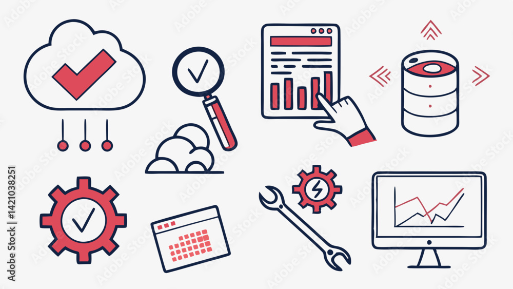 Poster red and blue flat vector data analysis cloud tech icons
