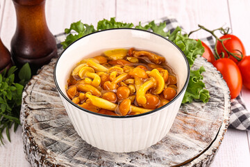 Marinated honey mushroom in the bowl