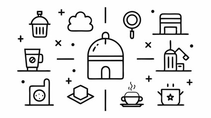Editable line icons collection for hotel industry themed projects including travel services, lodging essentials, and concierge symbols for UI and web interfaces