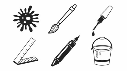 Crafting & Art Supplies Line Art: Paintbrush, Marker, Glue, Ruler, Bucket, Ink Splatter
