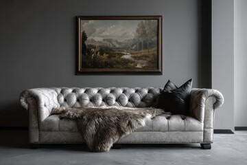 a gray chesterfield sofa with a fur thrown on it