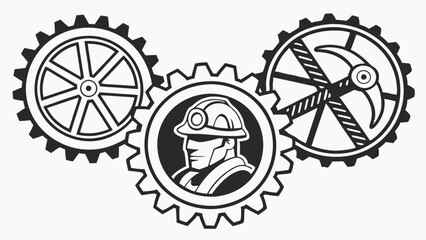 Industrial Mining Logo Black and White Gears Miner Hard Hat Pickaxe Graphic
