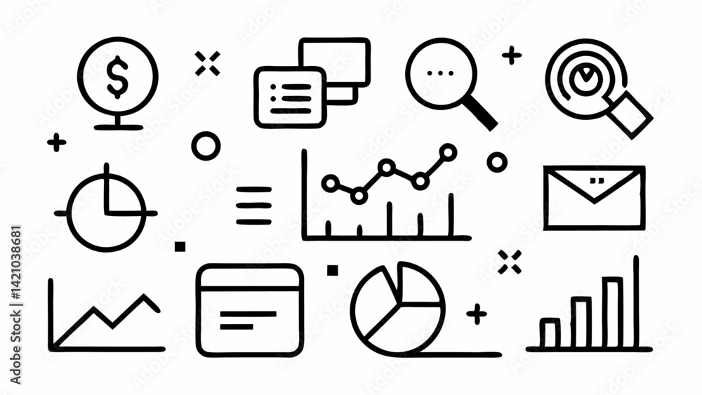 Poster editable vector icons set representing increase and decrease with trend lines, bar charts, financial