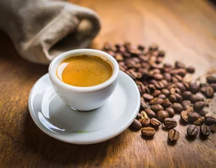 Poster Cup of espresso and coffee beans on the table