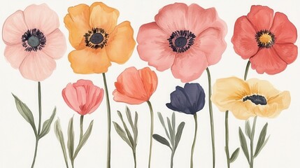 Watercolor poppies in shades of pink red orange yellow and blue bloom against a white backdrop
