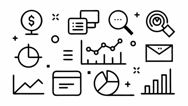 Editable vector icons set representing increase and decrease with trend lines, bar charts, financial data and metric visuals for UI design and reporting tools