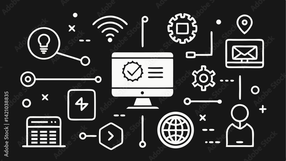 Poster this set of editable line icons captures core ideas of information technology with modern minimalist