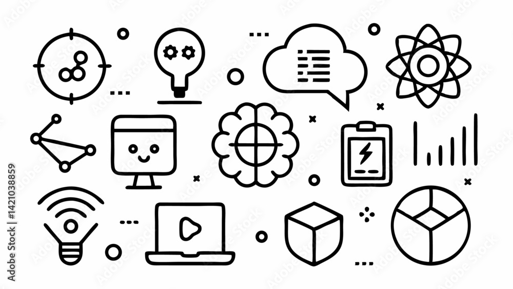 Poster a comprehensive set of editable line icons designed to represent information technology concepts, id