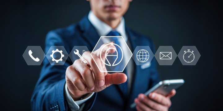 Businessperson Interacting With Support Interface Icons.
