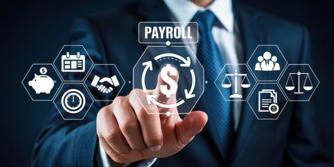 Businessperson interacts with a payroll system interface.
