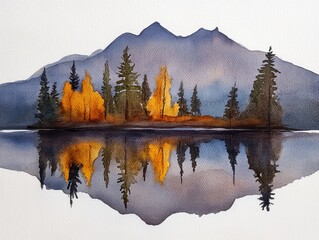 Fototapeta premium Watercolor Reflection Forest edge meets mountain lake trees mirror in water