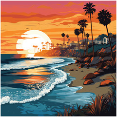 Vintage Coastal Sunset Scene with Palm Trees and Beach Houses