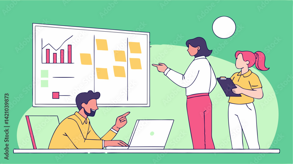 Poster office teamwork graphs sticky notes presentation flat vector