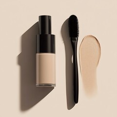 Cosmetic branding, mua and girly concept - Eyeshadow palette and make-up brush on beige background,