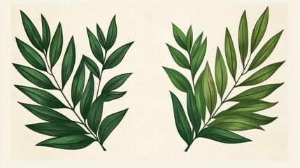 Fototapeta premium Two stylized botanical illustrations of lush green foliage, featuring varying shades of green leaves arranged in symmetrical, branch-like patterns
