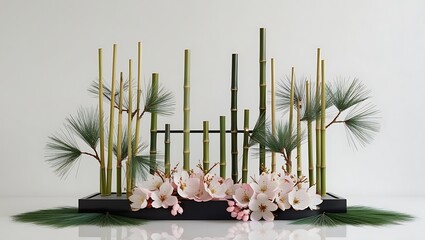 Elegant floral arrangement with bamboo and light pink cherry blossoms