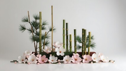 Still life arrangement with bamboo stalks and pink and white flowers