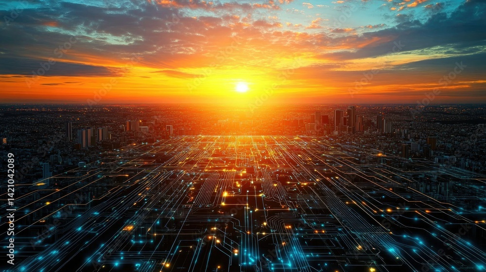 Poster digital grid and circuitry pattern illuminating over a sprawling city at sunset, visualizing future 