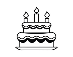 minimalist birthday cake with three lit candles. featuring two tiers decorated with wavy icing patterns and placed on a plate. ideal for celebratory designs and festive events.