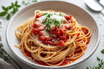 A bowl of spaghetti with tomato sauce parmesan cheese and herbs in a rustic looking bowl close up view