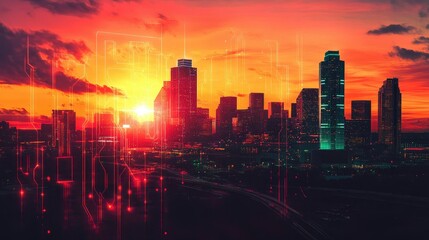 Fototapeta premium Sunset over a vibrant city skyline enhanced with digital circuit lines and glowing nodes representing future tech infrastructure