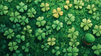 Abundant four leaf clover patch with a leprechaun hat