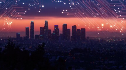 Obraz premium Urban skyline at dusk with illuminated tech-inspired circuit board overlay, visualizing a futuristic digital infrastructure