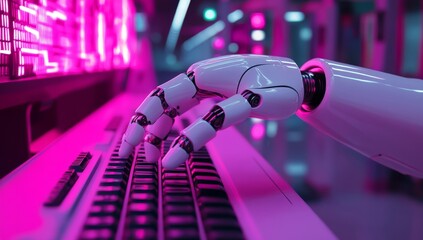 Robotic hand typing on a keyboard in a futuristic setting