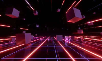 dynamic abstract geometric layout with floating cubes and lines in 3D space neon glow accents Generative AI