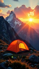 Golden sunset illuminates mountaintop tourist tent , spectacular, golden hour