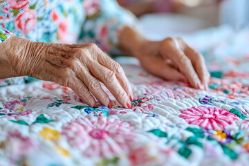 Elderly Woman's Hands Quilting a Floral Fabric