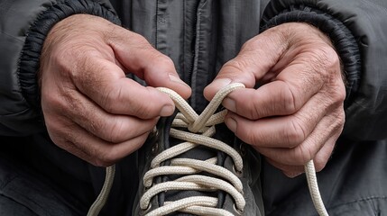 In a focused close-up, determined hands pull shoelaces tight, capturing a moment of readiness and mental preparation before action.

