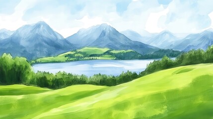 Fototapeta premium Watercolor vista Rolling green hills meet misty mountain peaks embracing a tranquil lake under a sky hinting at clouds