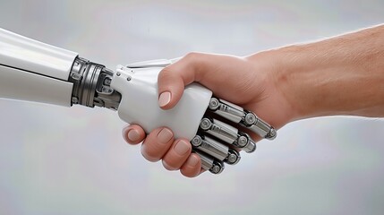 A sleek robotic hand clasps a human hand in a firm handshake, representing a powerful alliance of technology and humanity built on trust and collaboration.


