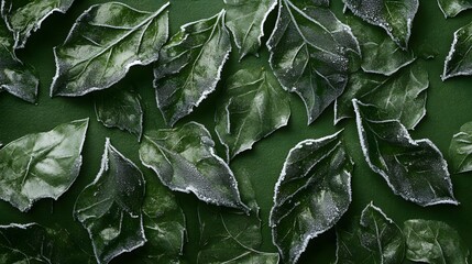 Frozen Green Leaves Winter Nature Background